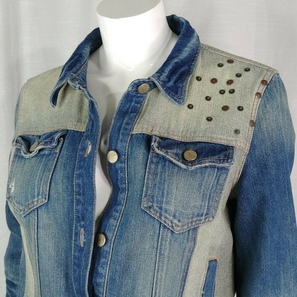 DKNY Jeans Two Toned Studded Denim Jacket Size L - Picture 2 of 12